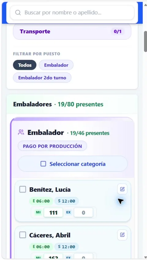 Empaques en celular: carga de asistencia, horarios y producción.