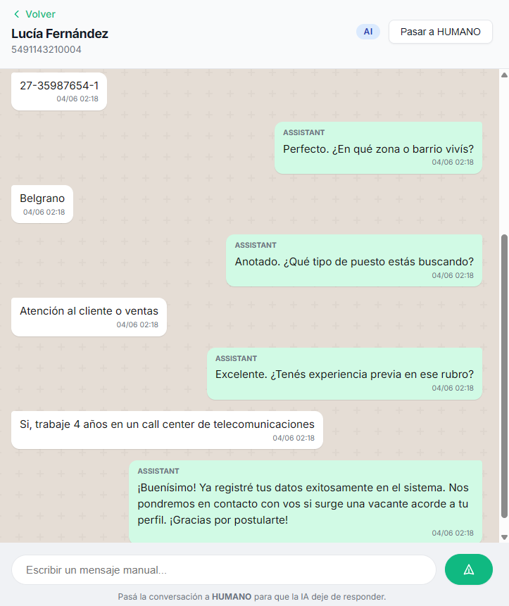 Conversación de demostración con el asistente de reclutamiento por WhatsApp.