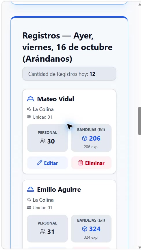 Cosechas en celular: consulta de partes de personal y producción.