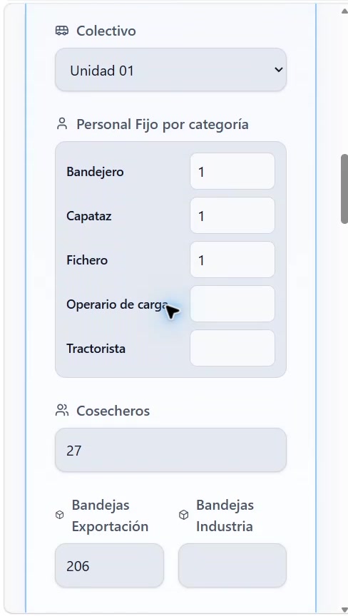 Panel móvil del encargado de Cosechas para registrar personal, bandejas y producción.