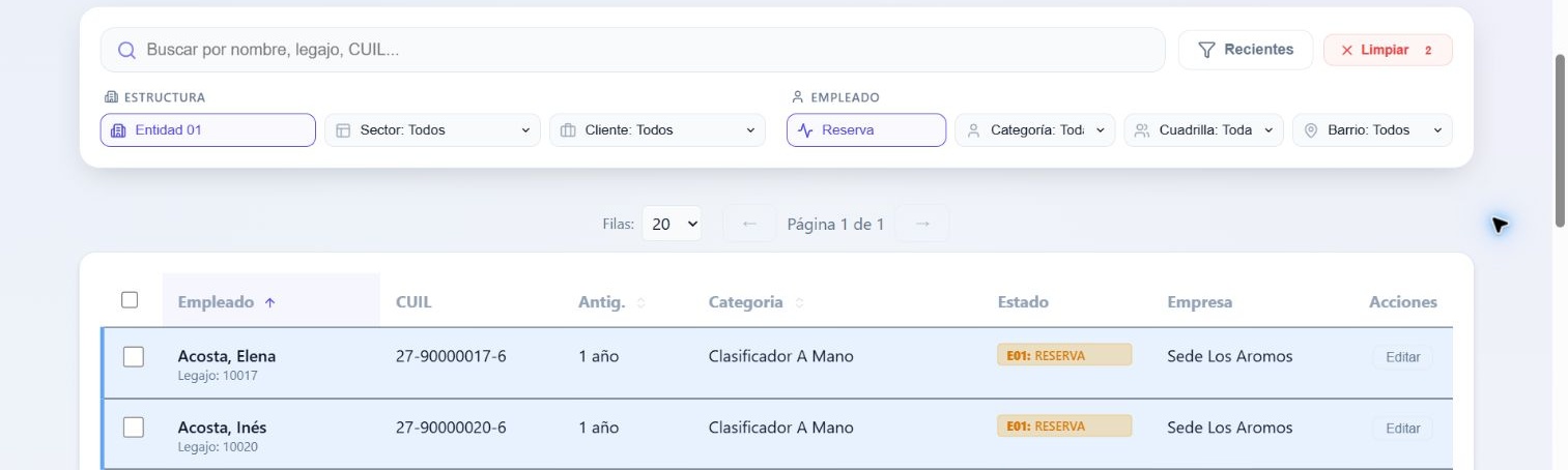 Preparación de un reporte filtrado de personal.