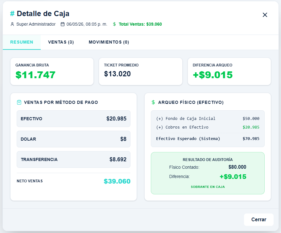 Detalle de caja con movimientos de la aplicación en desarrollo.