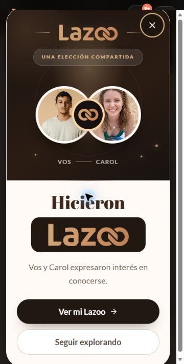 Confirmación de un match entre dos perfiles de prueba.